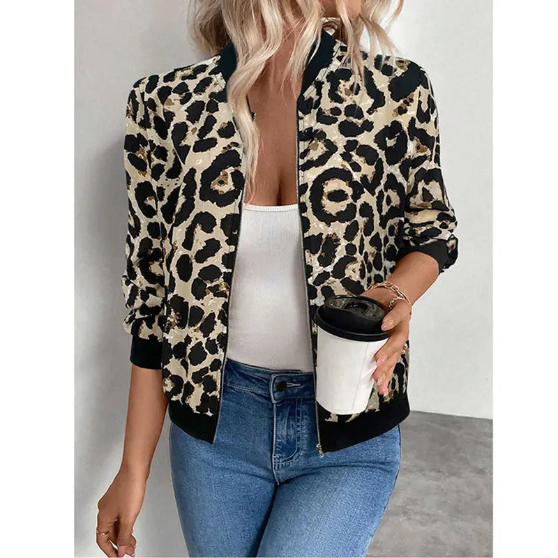 Women's Leopard Print Zip Up Lightweight Bomber Jacket Casual Long Sleeve Outerwear Lady T Fashions