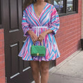 Women's V-Neck Rainbow Stripe Short Dress Three Quarters Sleeve Casual Summer Sundress With Tie Waist Lady T Fashions