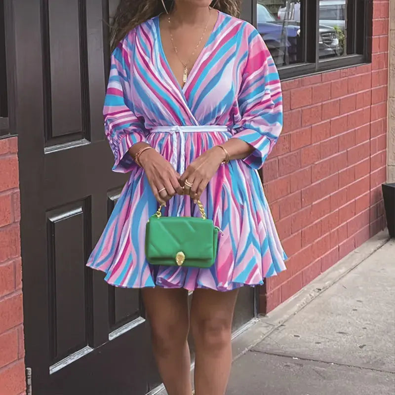 Women's V-Neck Rainbow Stripe Short Dress Three Quarters Sleeve Casual Summer Sundress With Tie Waist Lady T Fashions