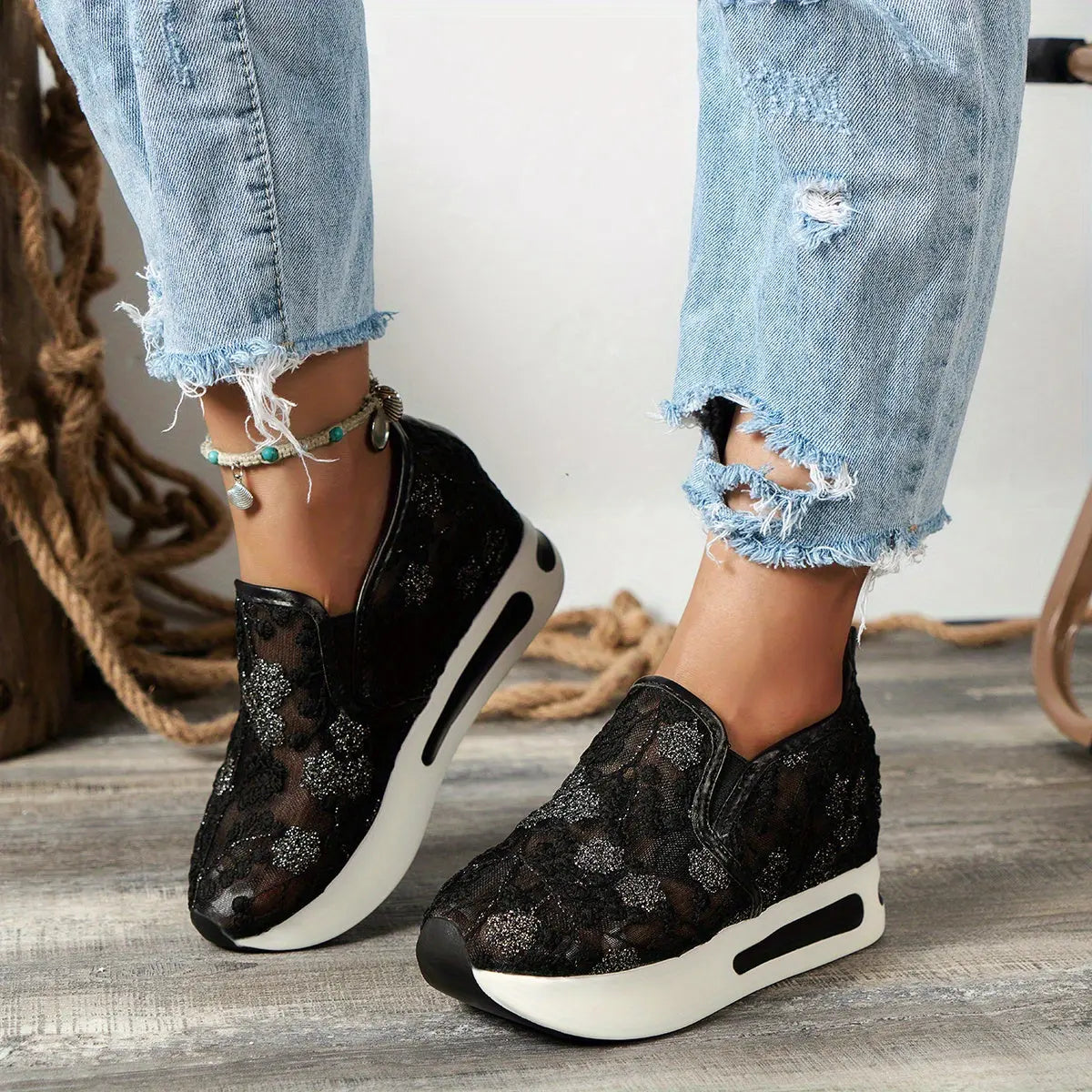 Stunning Floral Lace Platform Shoes - Fashion Sneakers with Height Increasing, Slip-On Design, Low Top Style, and Versatile Casual Wear - Perfect for Everyday Outings and Special Occasions Lady T Fashions