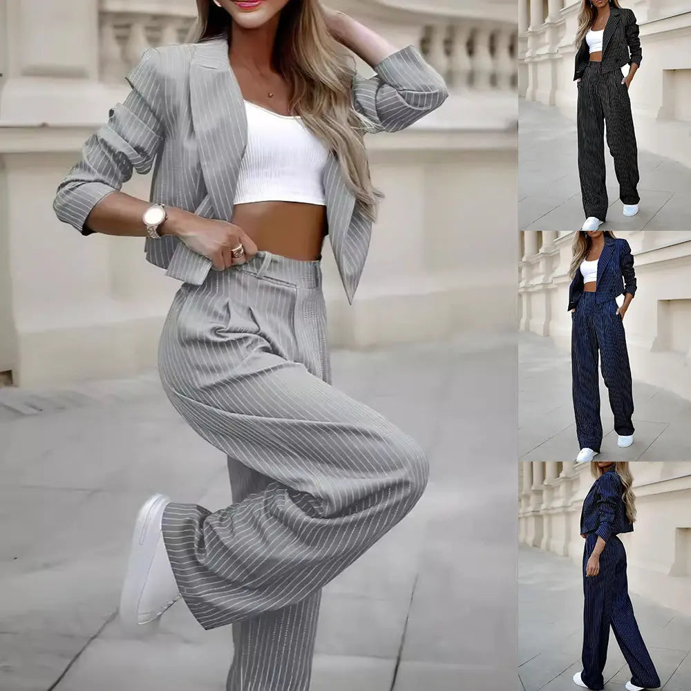 Women's Spring Fashion Striped Suits Casual Lapel Long Sleeve Cropped Top And Straight Pants Outfits Women's Clothing Lady T Fashions