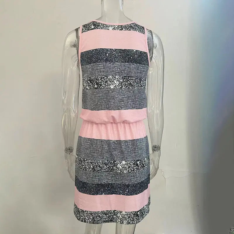 Women's Sleeveless With Adjustable Waist Tie Vest Dress - Casual Summer Mini Dress With Color Block Striped Design Lady T Fashions