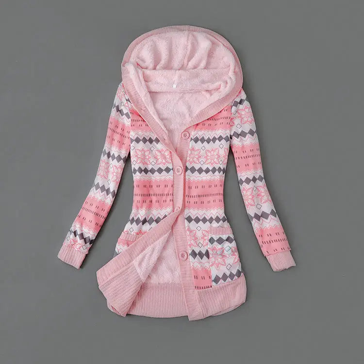 Autumn And Winter Jacket Printed Hooded Wool Liner Knit Midi Length Lady T Fashions