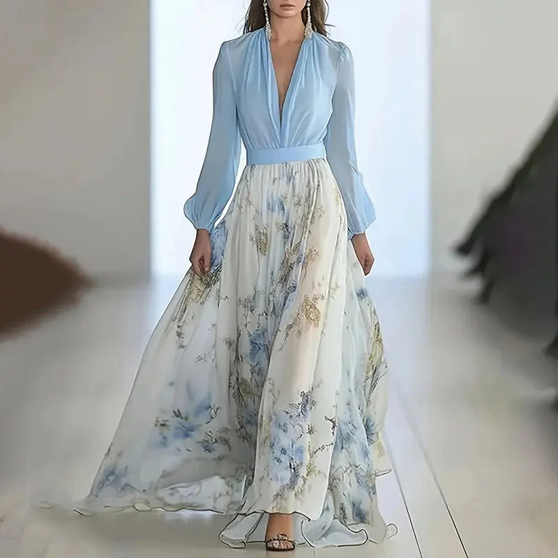 Women's Deep V-Neck Floral Print Boho Maxi Dress With Long Sleeves - A-Line Waist Ruffle Hem Dress For Spring&Summer Vacation Lady T Fashions