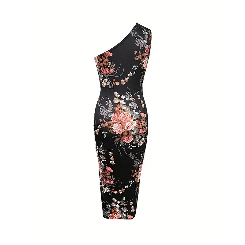 Women's One Shoulder Bodycon Dresses Summer 2025 Ruched High Split Floral Beach Cocktail Wedding Guest Dress Lady T Fashions