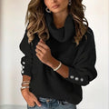 Women's Solid Color High-Neck Sweater - Button Cuff Detail, Cozy Fall&Winter Loose-Fit Top Lady T Fashions