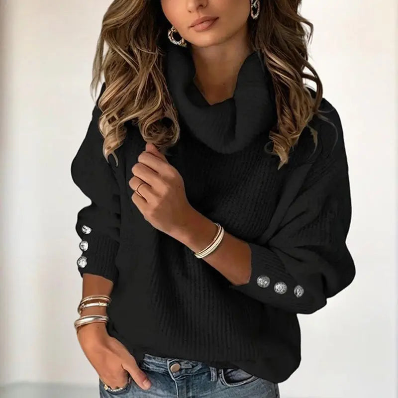 Women's Solid Color High-Neck Sweater - Button Cuff Detail, Cozy Fall&Winter Loose-Fit Top Lady T Fashions