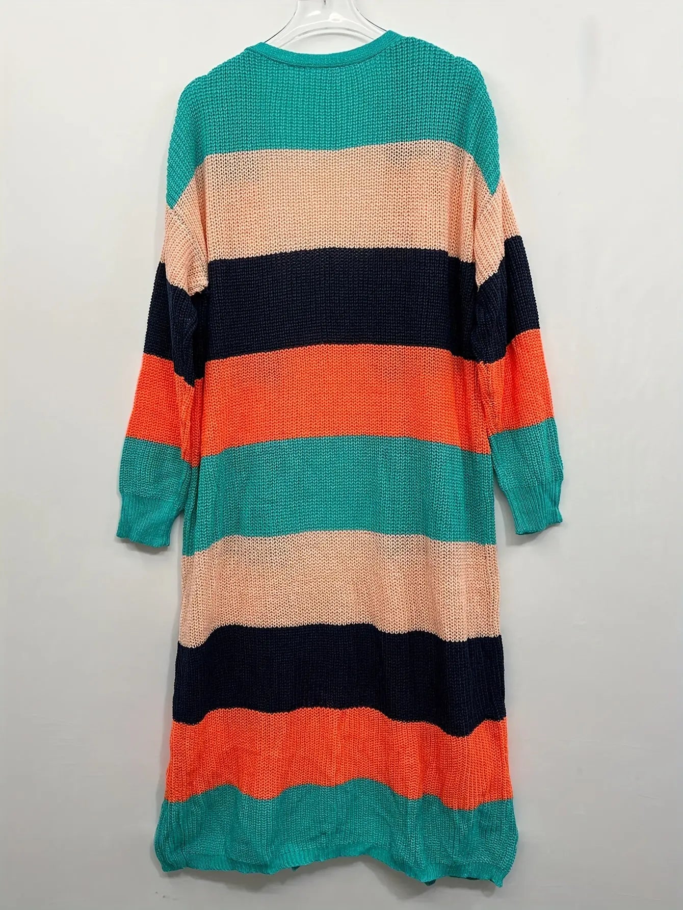 Plus Size Cozy Colorblock Striped Cardigan - Soft Knitted Fabric, Long Sleeves, Open Front Design, Perfect for Casual Daily Wear - Designed for Plus Size Women, Womens Fashion Clothing Lady T Fashions