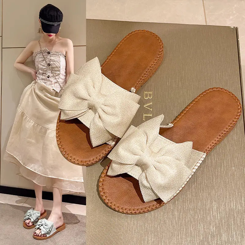Women's Slip-on Cloth Sandals Summer Soft Bottom Flat Heel Bow Lady T Fashions