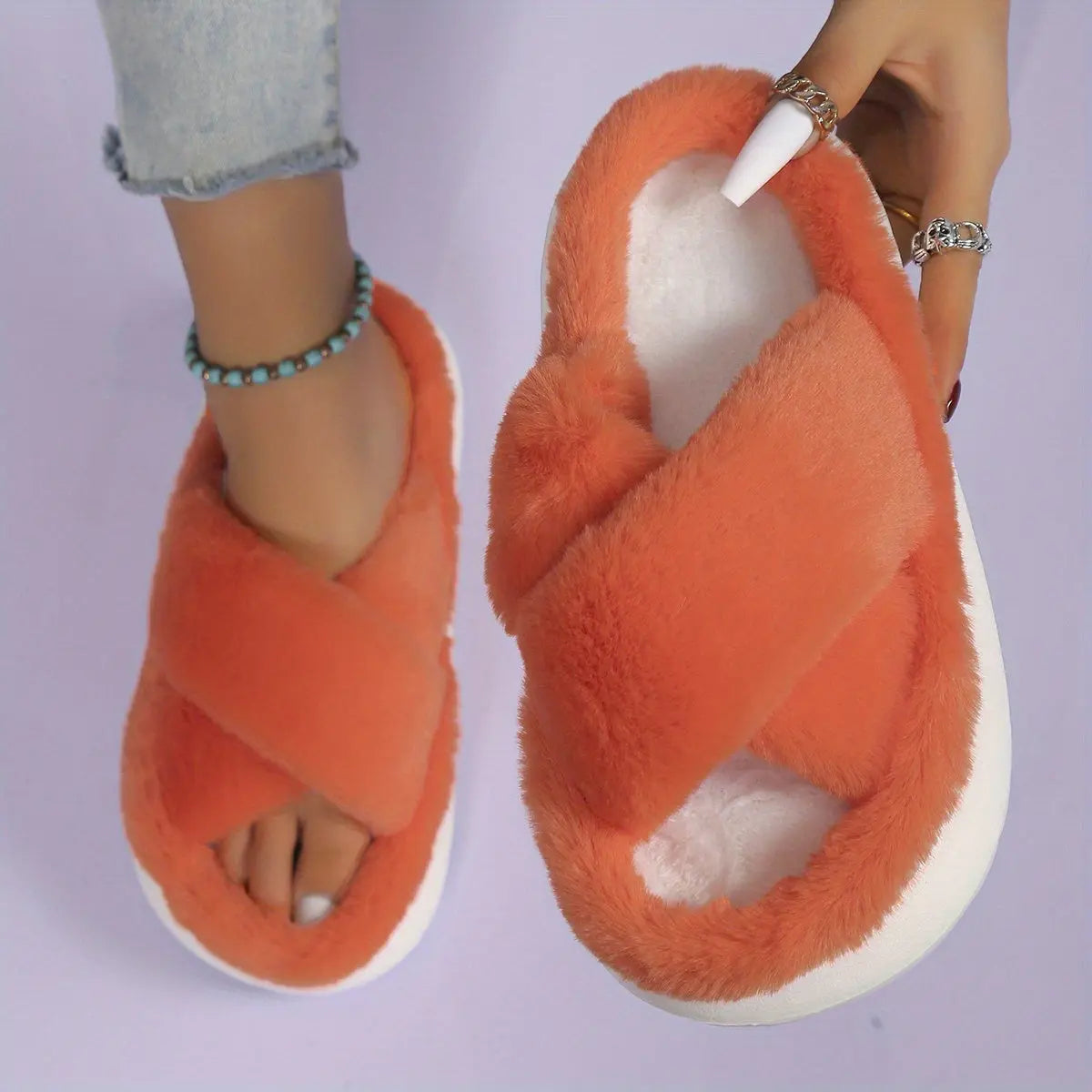 Women's Platform Fuzzy House Slippers, Open Toe Criss Cross Solid Color Casual Home Slides, Women's Indoor Flat Comfy Shoes Lady T Fashions