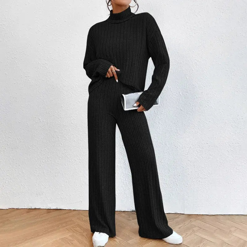 Women's Solid Color 2-Piece Set High Neck Long Sleeve Top & Pants, Striped Loungewear For Fall&Winter Lady T Fashions