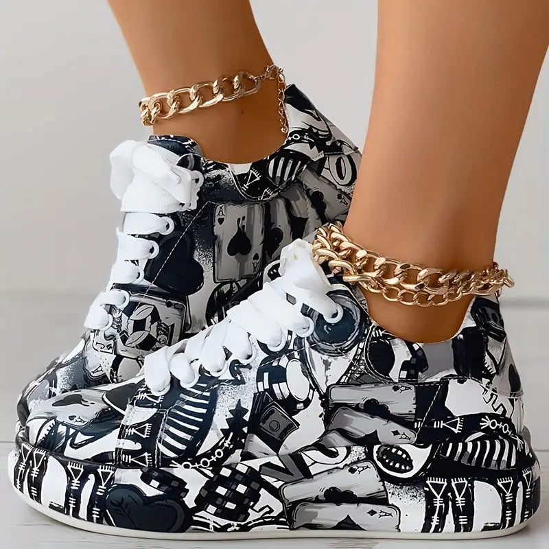 Womens Graffiti Art Sneakers - Stylish Lace-Up Platform Shoes with Comfortable Low Top Design - Perfect for Sports & Casual Wear - Fashionable Skate Style Lady T Fashions