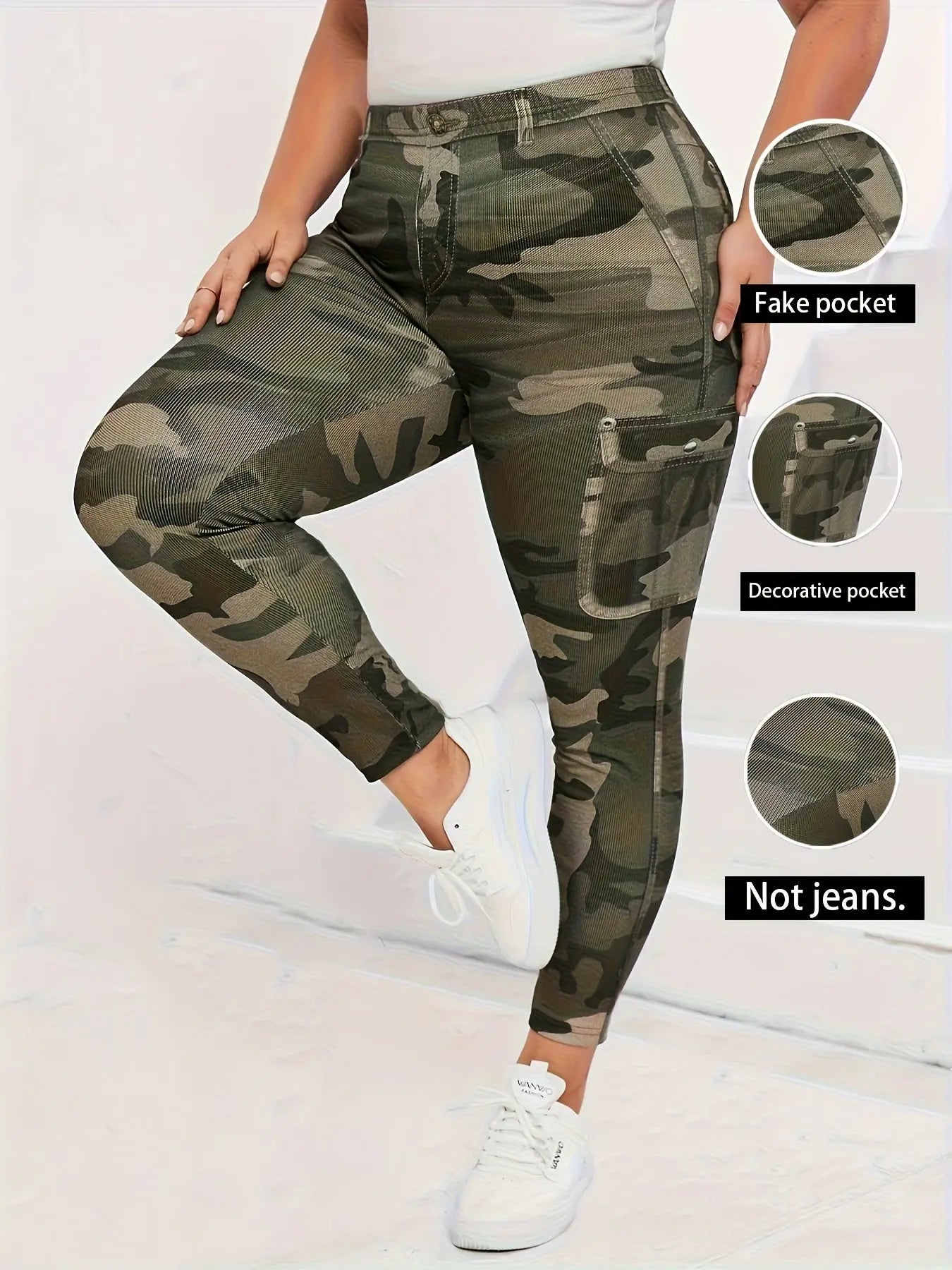 【imitation denim】Plus Size - Stretchy Leggings with a Camouflage Pattern for Plus-Size Women. Lady T Fashions