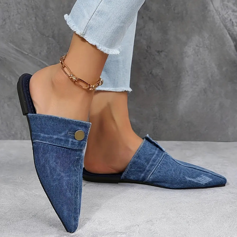 Women's Denim Flat Mules, Fashion Pointed Toe Slip On Non Slip Shoes, Casual Outdoor Slides Lady T Fashions