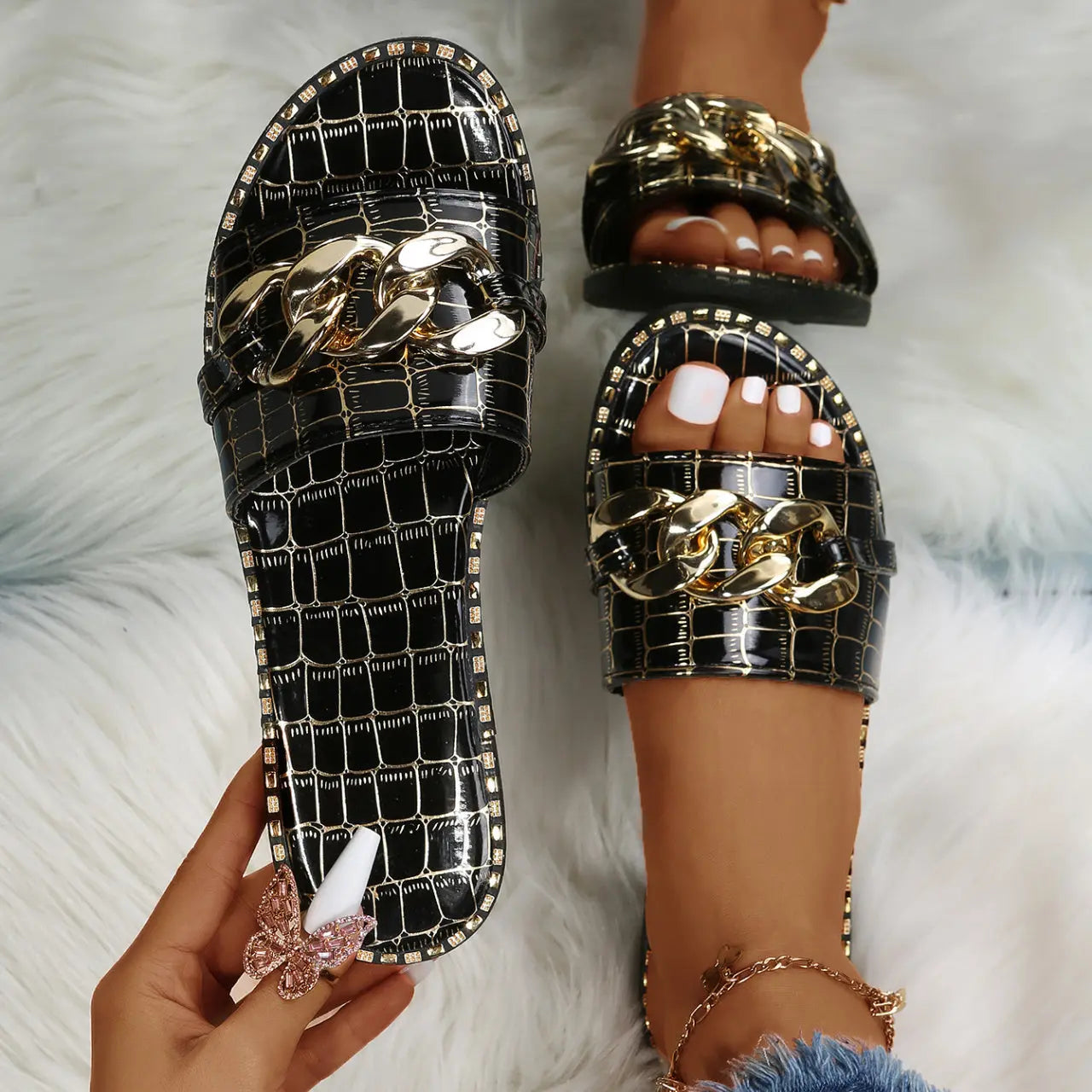 Women's Metal Chain Decor Flat Slippers, Fashion Open Toe Non Slip Slides Shoes, Casual Outdoor Slippers Lady T Fashions