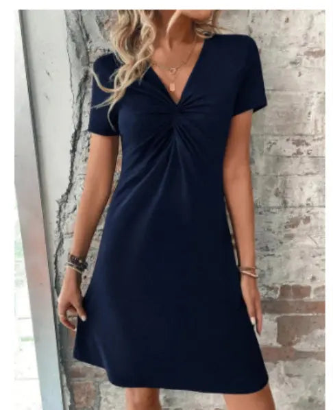 Color Cotton Short Sleeve V-neck Design Chest Twist Waist Dress Lady T Fashions
