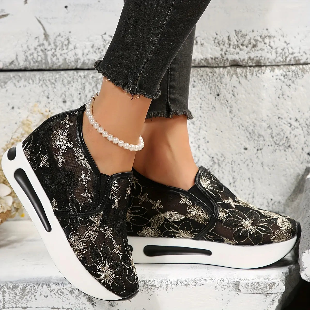 Stunning Floral Lace Platform Shoes - Fashion Sneakers with Height Increasing, Slip-On Design, Low Top Style, and Versatile Casual Wear - Perfect for Everyday Outings and Special Occasions Lady T Fashions