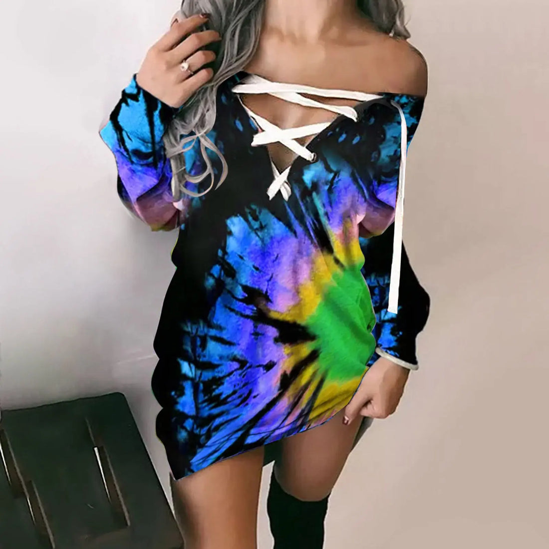 Women's Printed Off-shoulder Corns Lace-up Long Sleeve Top Lady T Fashions