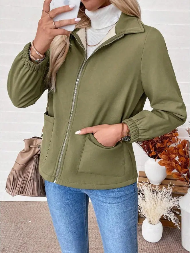 Casual Solid Color Zipper Fleece Jacket, Autumn Winter Lady T Fashions