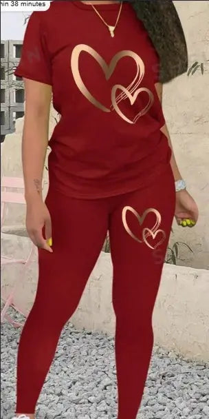 Women's Heart Printed Short Sleeve T-Shirt And Leggings Set Lady T Fashions