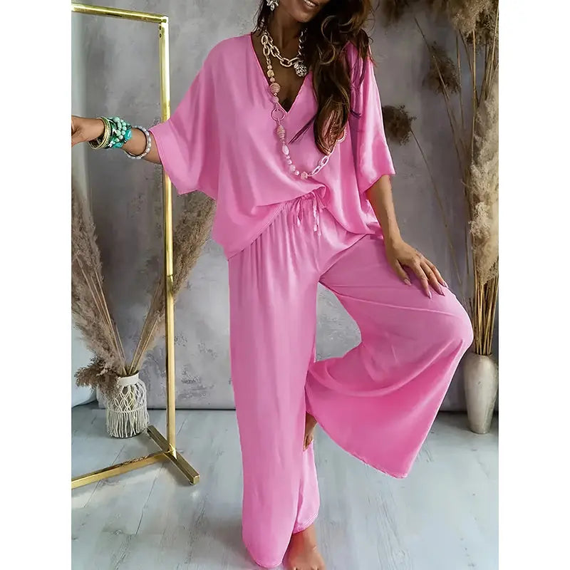 Women's 2 Piece Outfit, Casual Solid Color V-Neck Half Sleeve Top And Wide Leg Pants Lounge Set Lady T Fashions