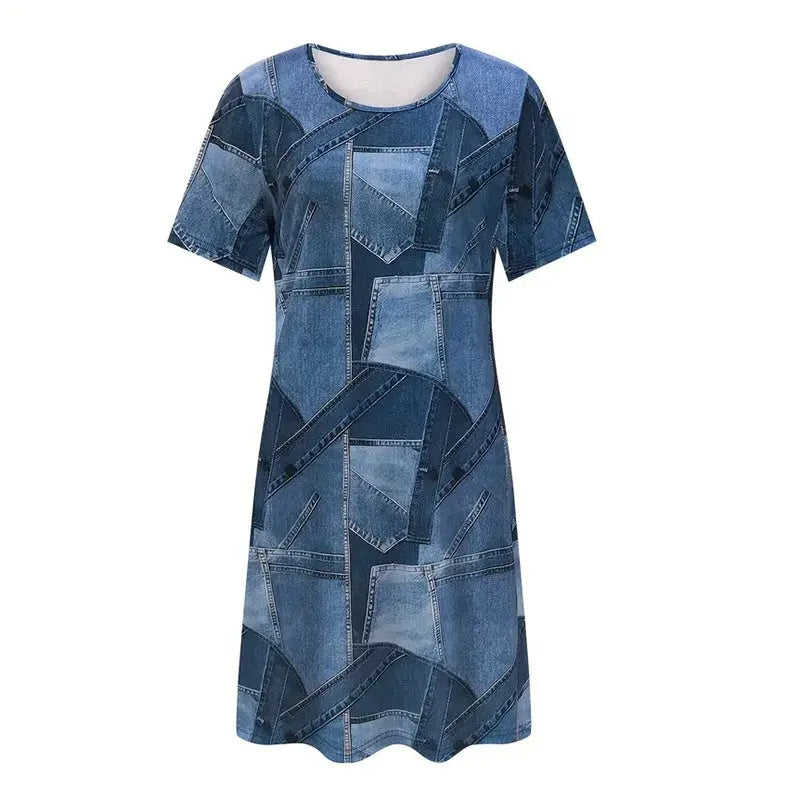 Women's Plus Size Denim Short Sleeve Dress - Digital Print Casual Spring & Summer Dress Lady T Fashions