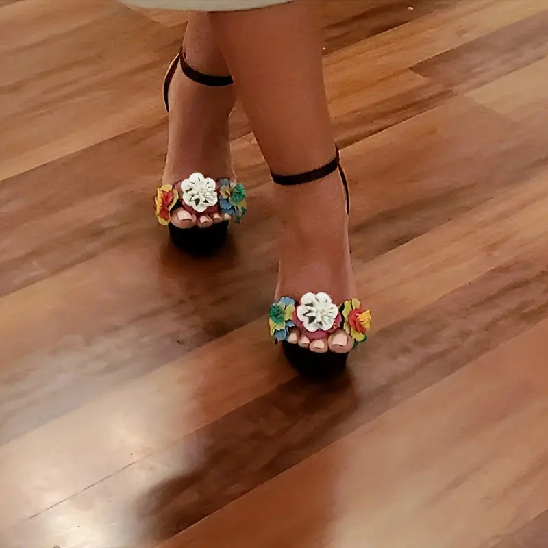 Women's 3D Floral Ankle Strap High Heels, Open Toe Chunky Heel Sandals, Fashionable Dress Shoes Lady T Fashions