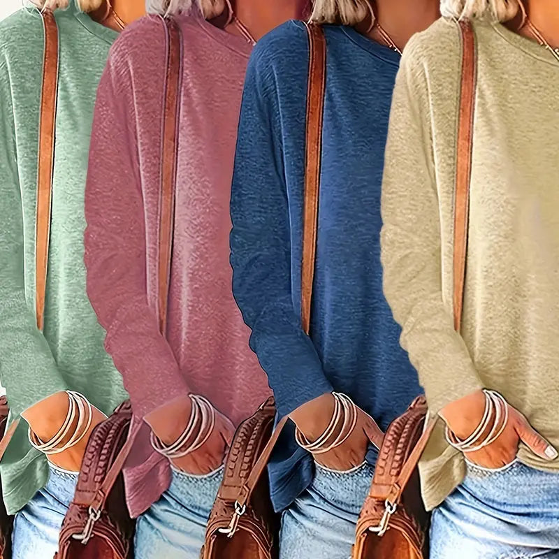 4 Pack Women's Solid Color Casual Set Round Neck Long Sleeve Tops For Spring&Fall Lady T Fashions
