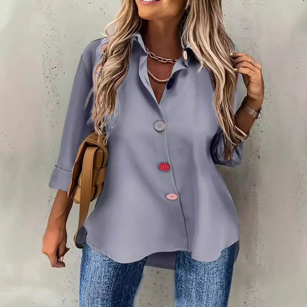 Casual Women's Solid Color Buttons Long Sleeve Shirt Top Lady T Fashions