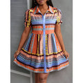 Women's Printed Collar Button Down Dress - Puff Short Sleeve Mini Shirt Dress Lady T Fashions