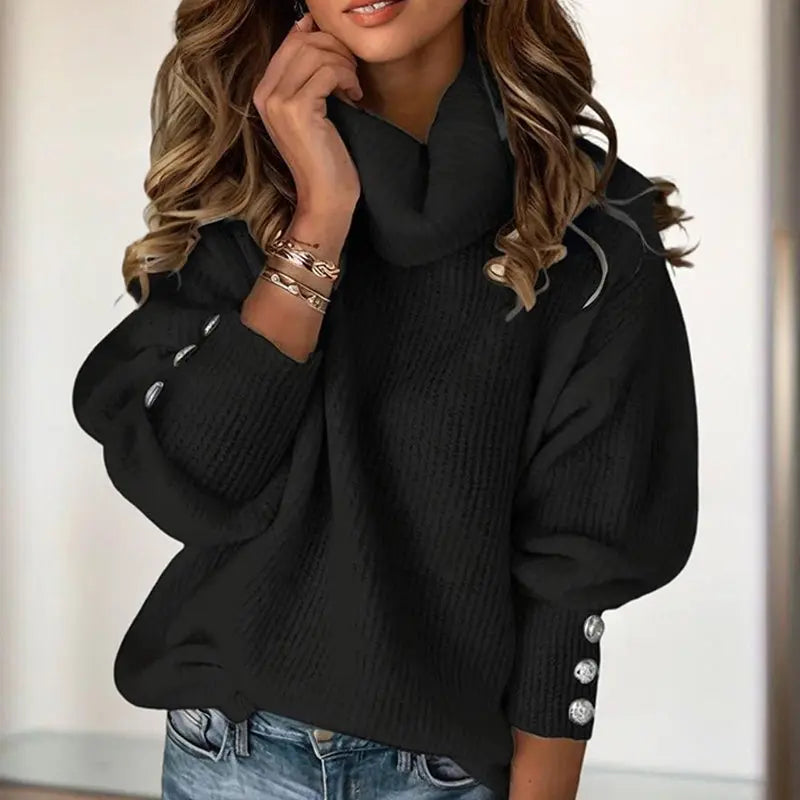 Women's Solid Color High-Neck Sweater - Button Cuff Detail, Cozy Fall&Winter Loose-Fit Top Lady T Fashions