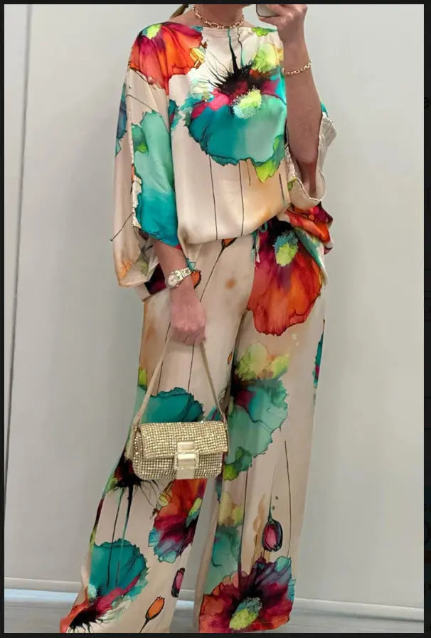 Indian Casual Round Neck Printed Satin Suit Lady T Fashions