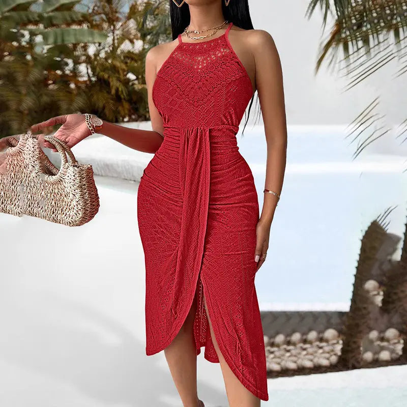 Women's Sexy Halter Neck Ruched Bodycon Midi Dresses Elegant Sleeveless Cocktail Party Dress Lady T Fashions