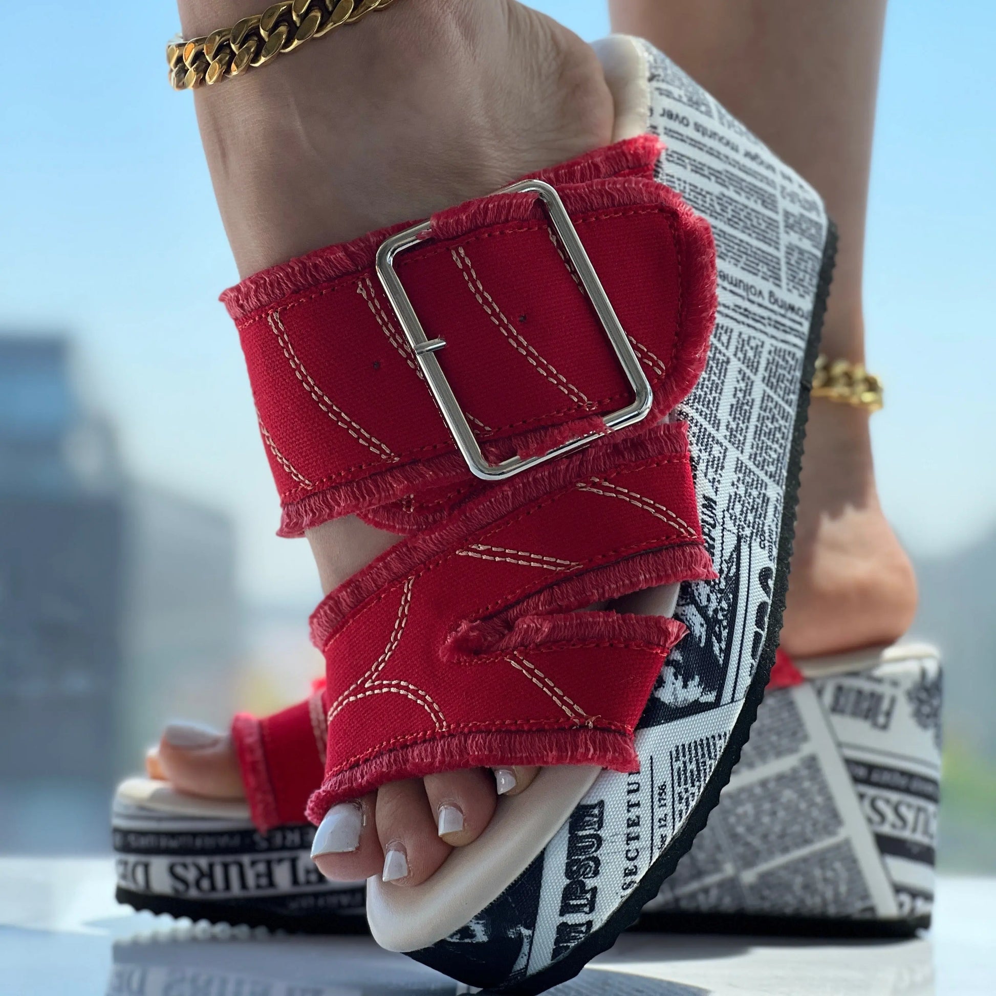 Women's Letter Print & Denim Canvas Sandals, Slip-on Buckle Wedge Heel Shoes, Fashion & Summer Women's Shoes Lady T Fashions