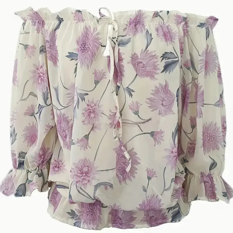 Womens Summer Off Shoulder Blouse Floral Print Ruffle Sleeve Casual Chiffon Tops Shirts Lady T Fashions