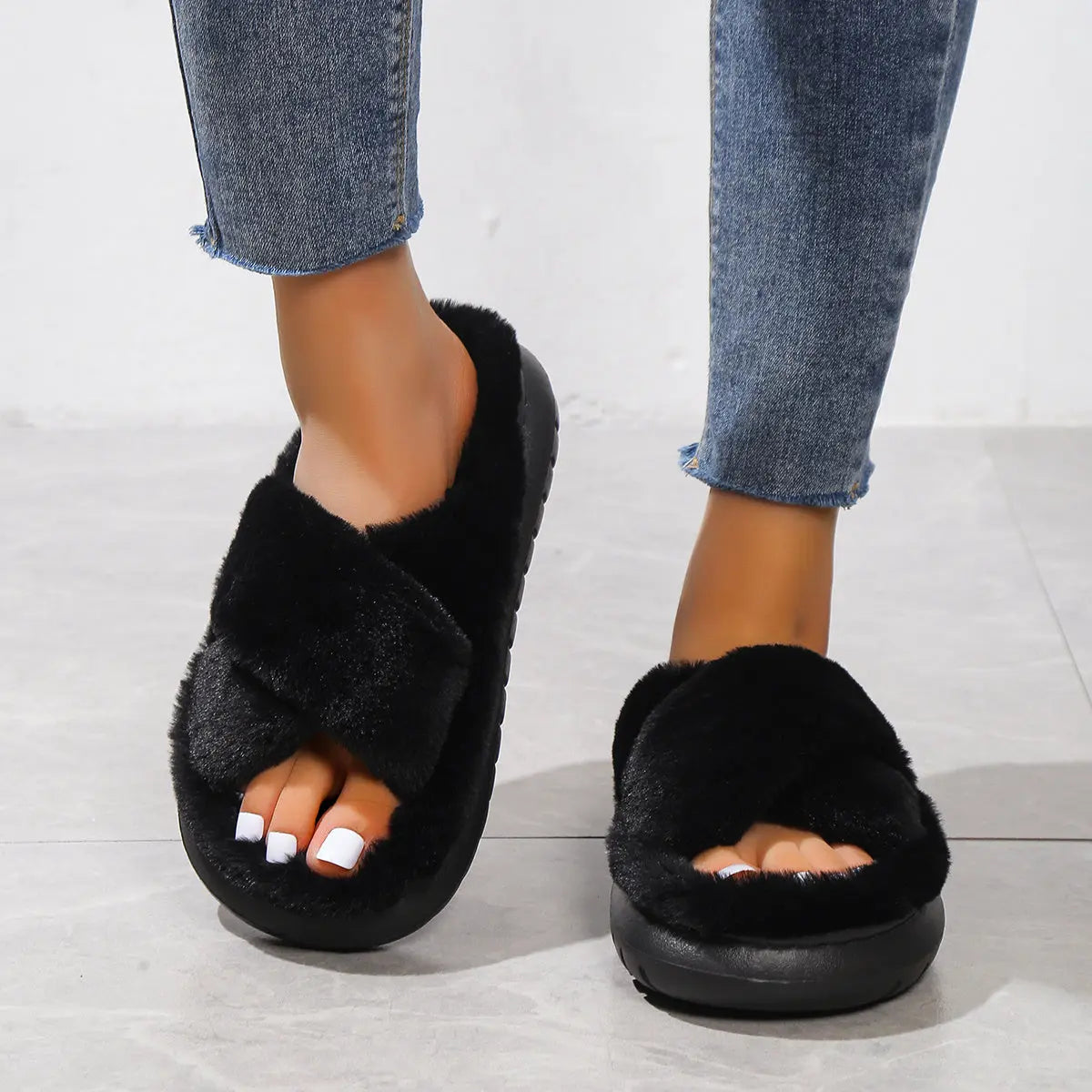 Women's Platform Fuzzy House Slippers, Open Toe Criss Cross Solid Color Casual Home Slides, Women's Indoor Flat Comfy Shoes Lady T Fashions