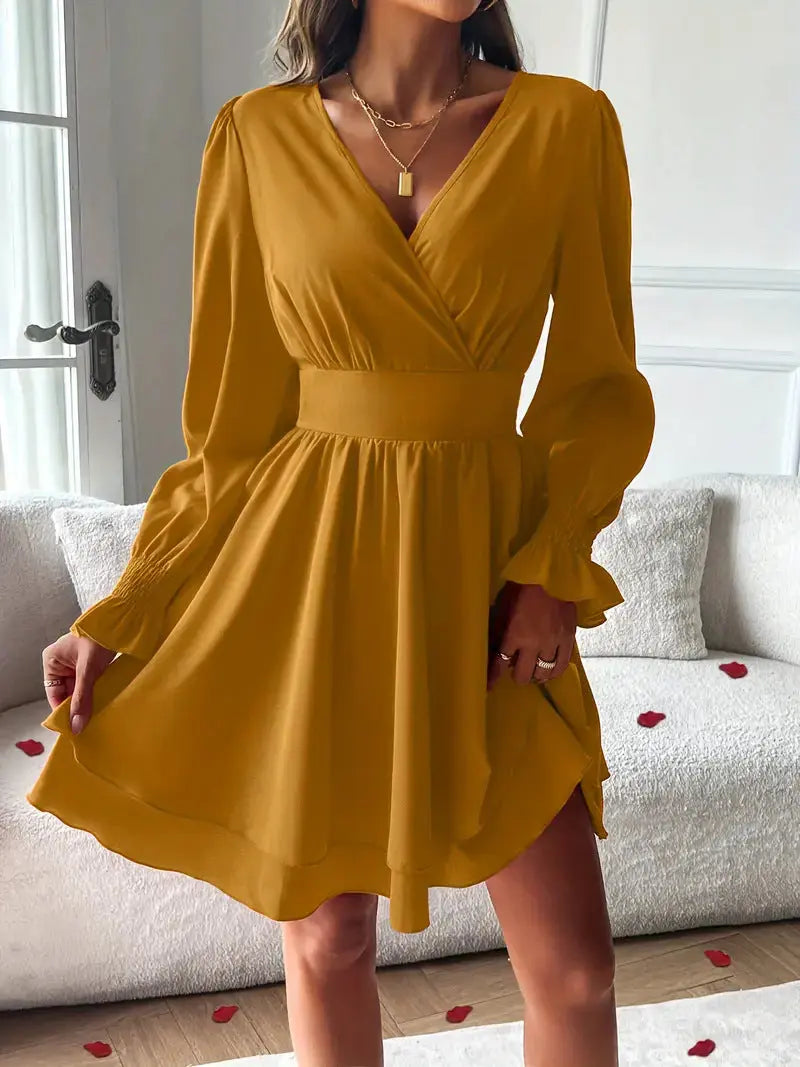 Women's Double-layer Skirt V-neck Tight Waist Dress Lady T Fashions