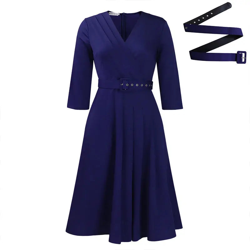 Women's Elegant V-Neck Cross-Wrap A-Line Dress With Belt & Ruffled Hem - Office & Casual Solid Dress For Spring&Summer Lady T Fashions