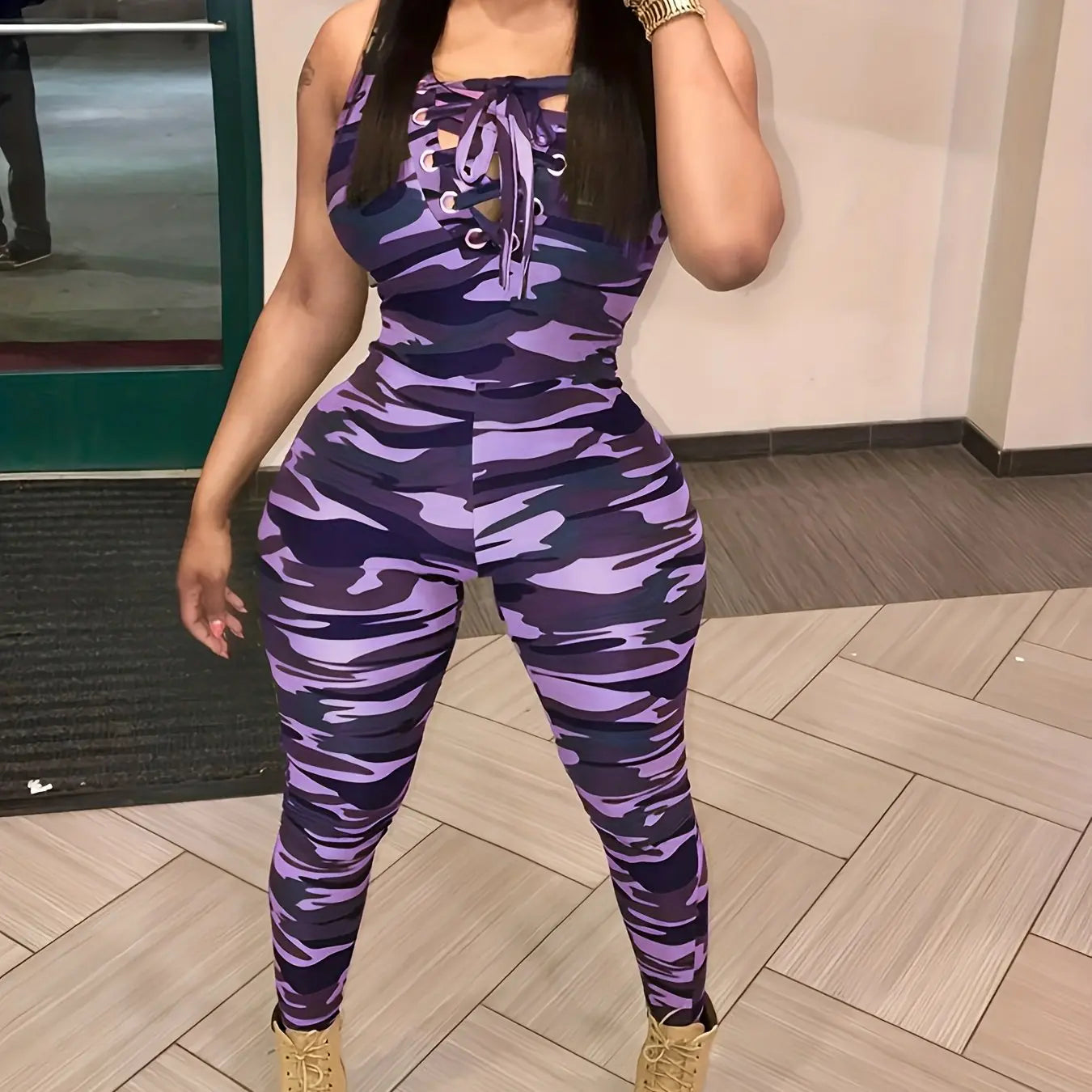 Sleeveless Leopard Print Sexy Jumpsuit, Skinny Camouflage Knitted Jumpsuit, Women's Clothing Lady T Fashions