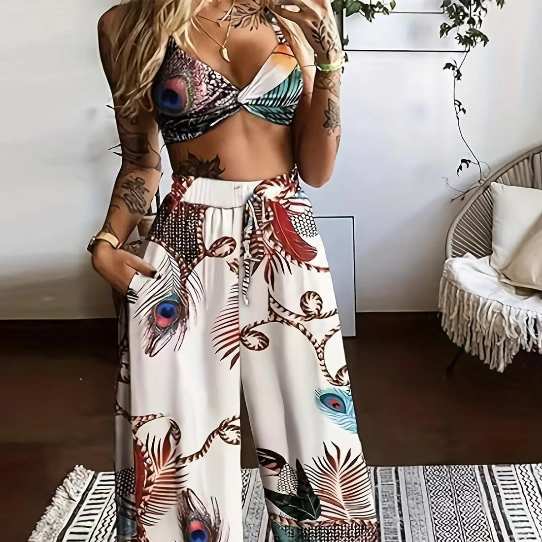 Women's Feather Printed Black Vacation Sexy Strap Pants Set Lady T Fashions