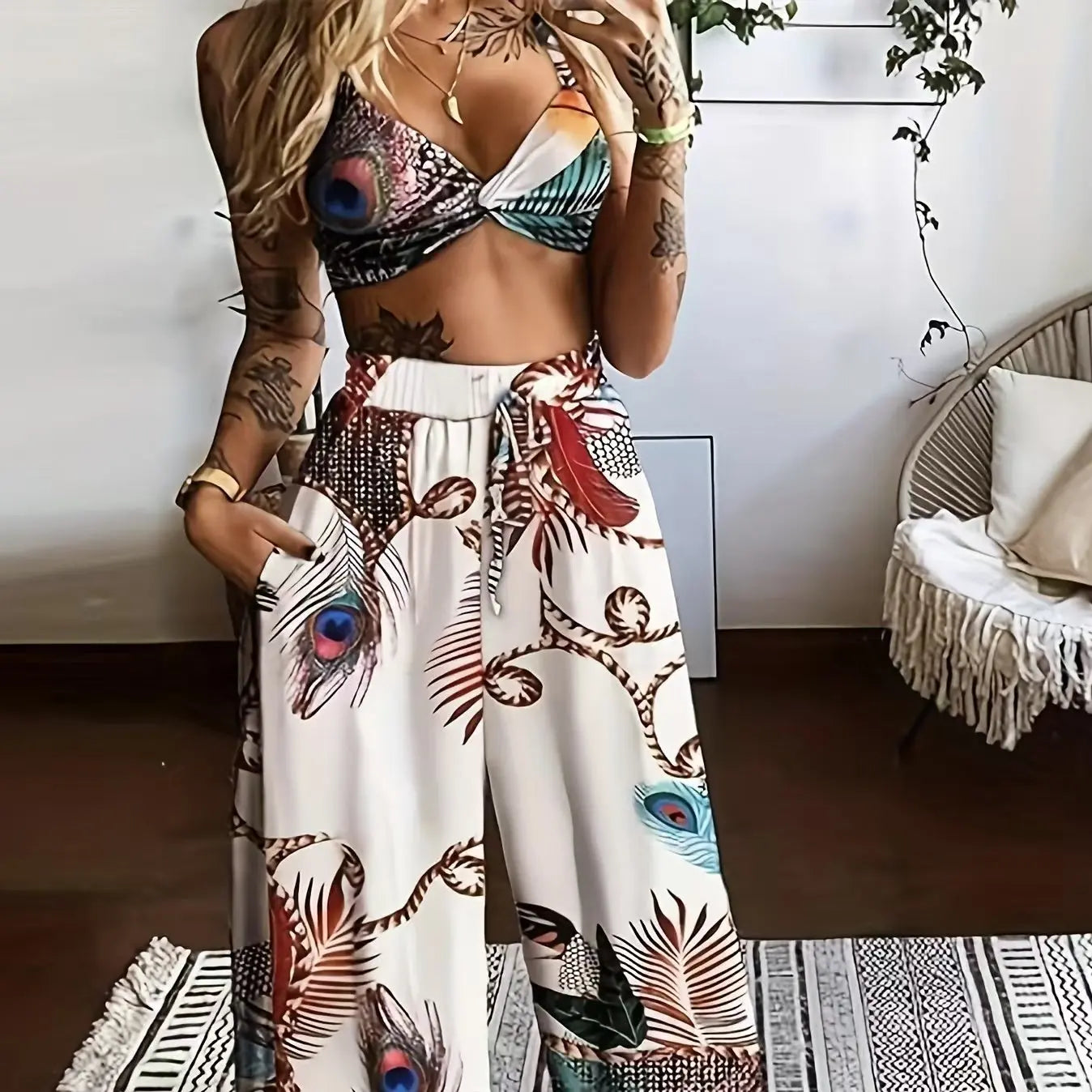 Women's Feather Printed Black Vacation Sexy Strap Pants Set Lady T Fashions
