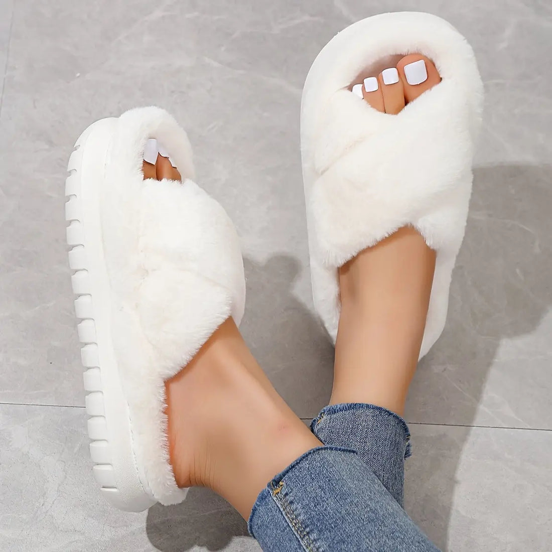 Women's Platform Fuzzy House Slippers, Open Toe Criss Cross Solid Color Casual Home Slides, Women's Indoor Flat Comfy Shoes Lady T Fashions