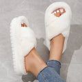Women's Platform Fuzzy House Slippers, Open Toe Criss Cross Solid Color Casual Home Slides, Women's Indoor Flat Comfy Shoes Lady T Fashions
