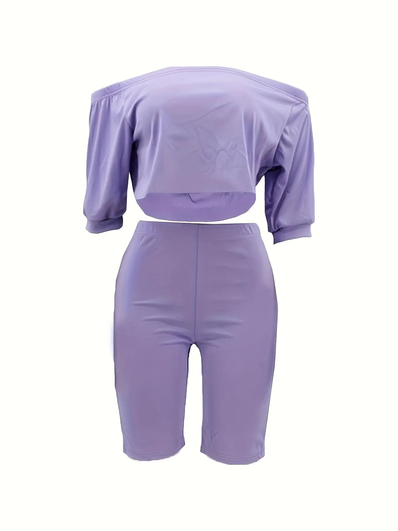 Sexy Solid Fashion Pantsuits Two-piece Set, Off Shoulder Short Sleeve Tops & Slim Shorts Set, Women's Clothing Lady T Fashions