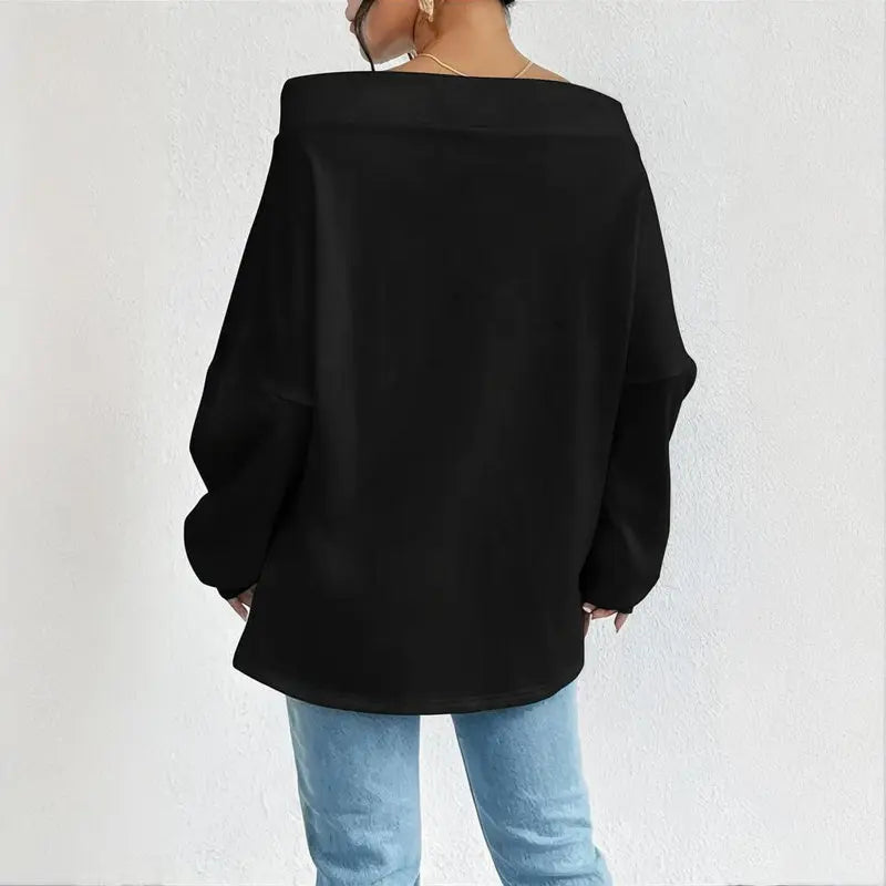 Plus Size Women's Solid Color Off-Shoulder Long Sleeve Pullover With Drawstring - Casual Ribbed Detail Top For Spring&Fall Lady T Fashions