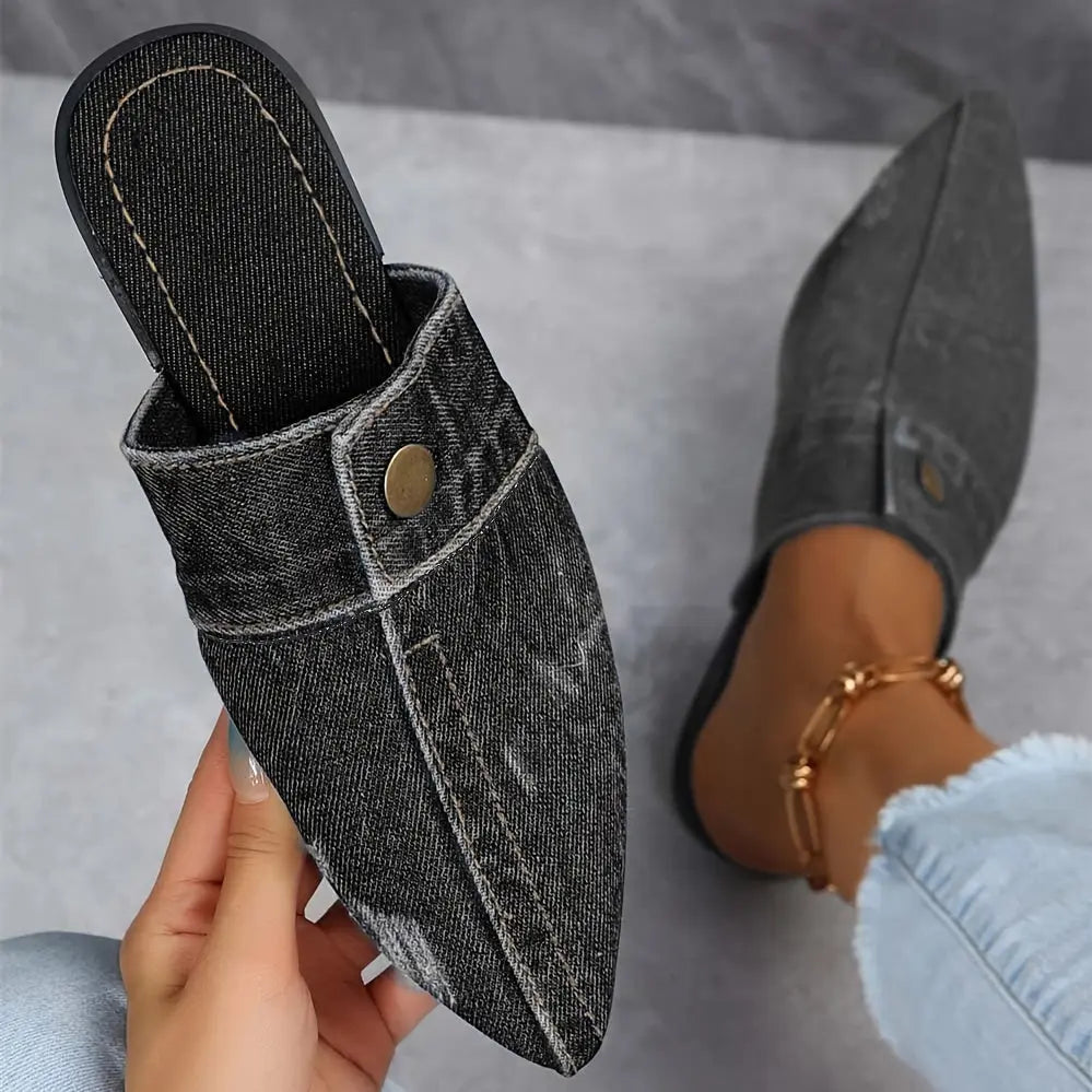 Women's Denim Flat Mules, Fashion Pointed Toe Slip On Non Slip Shoes, Casual Outdoor Slides Lady T Fashions