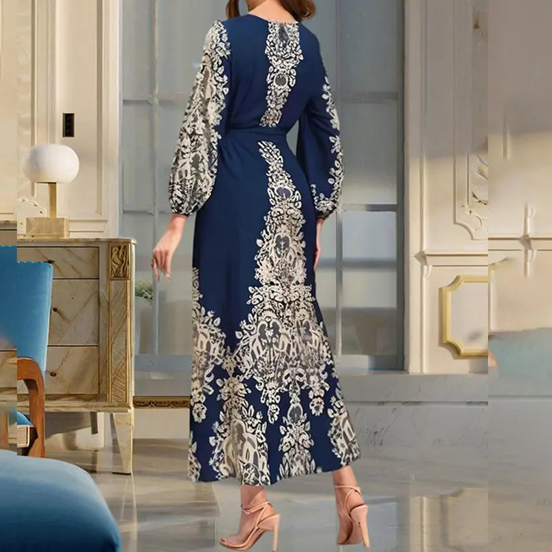 Women's Bohemian Floral Print Dress Ethnic Middle Eastern Style Long Sleeve Tiered Maxi Dress With Drawstring Waist Lady T Fashions