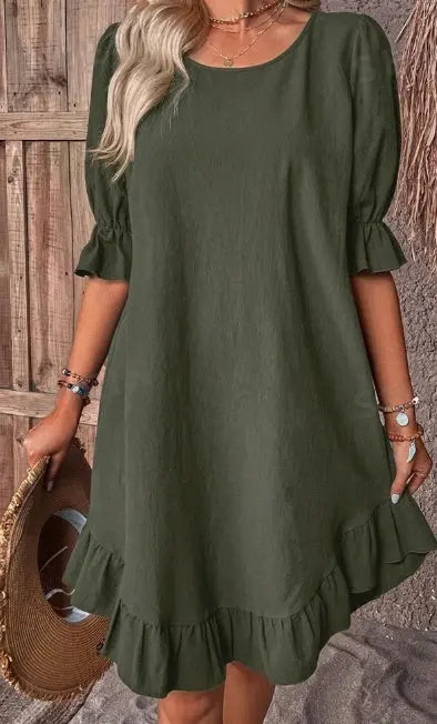 Solid Ruffle Hem Flounce Sleeve Dress Lady T Fashions