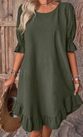 Solid Ruffle Hem Flounce Sleeve Dress Lady T Fashions