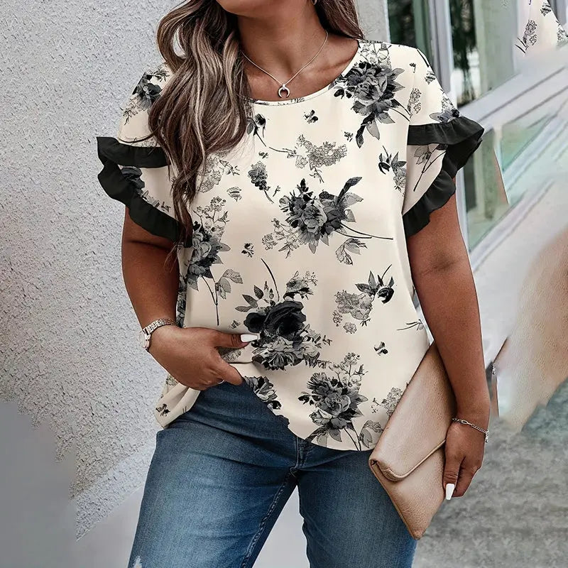 Womens Plus Size Round Neck Blouse - Floral Print Short Sleeve Top With Ruffle Sleeve Detail, Elegant Summer Shirt Lady T Fashions